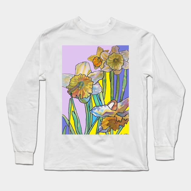 Abstract Yellow Daffodil Watercolor Pattern on Purple Long Sleeve T-Shirt by SarahRajkotwala